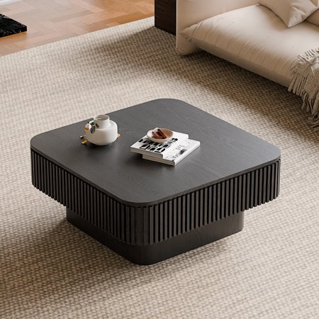 Square Coffee Table with Storage, Farmhouse Solid Wood Accent Tea Table, Modern Fluted Drum Center Table for Apartment Living Room, Black