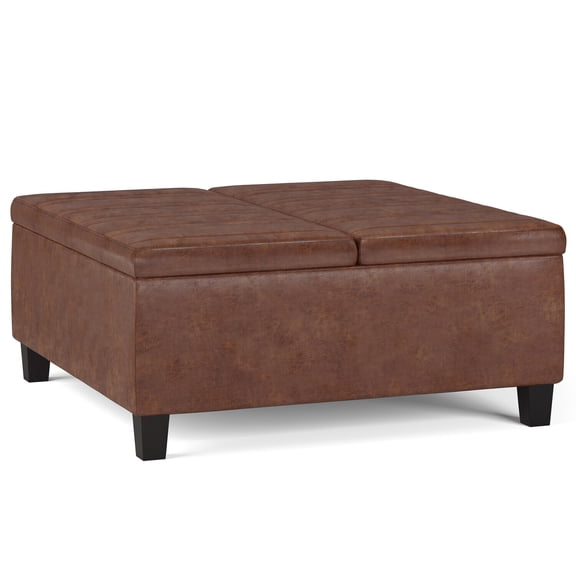 Square Coffee Table with Storage " Lift Top Ottoman, Distressed Brown Vegan Leather, 36" x 36" x 16.5"