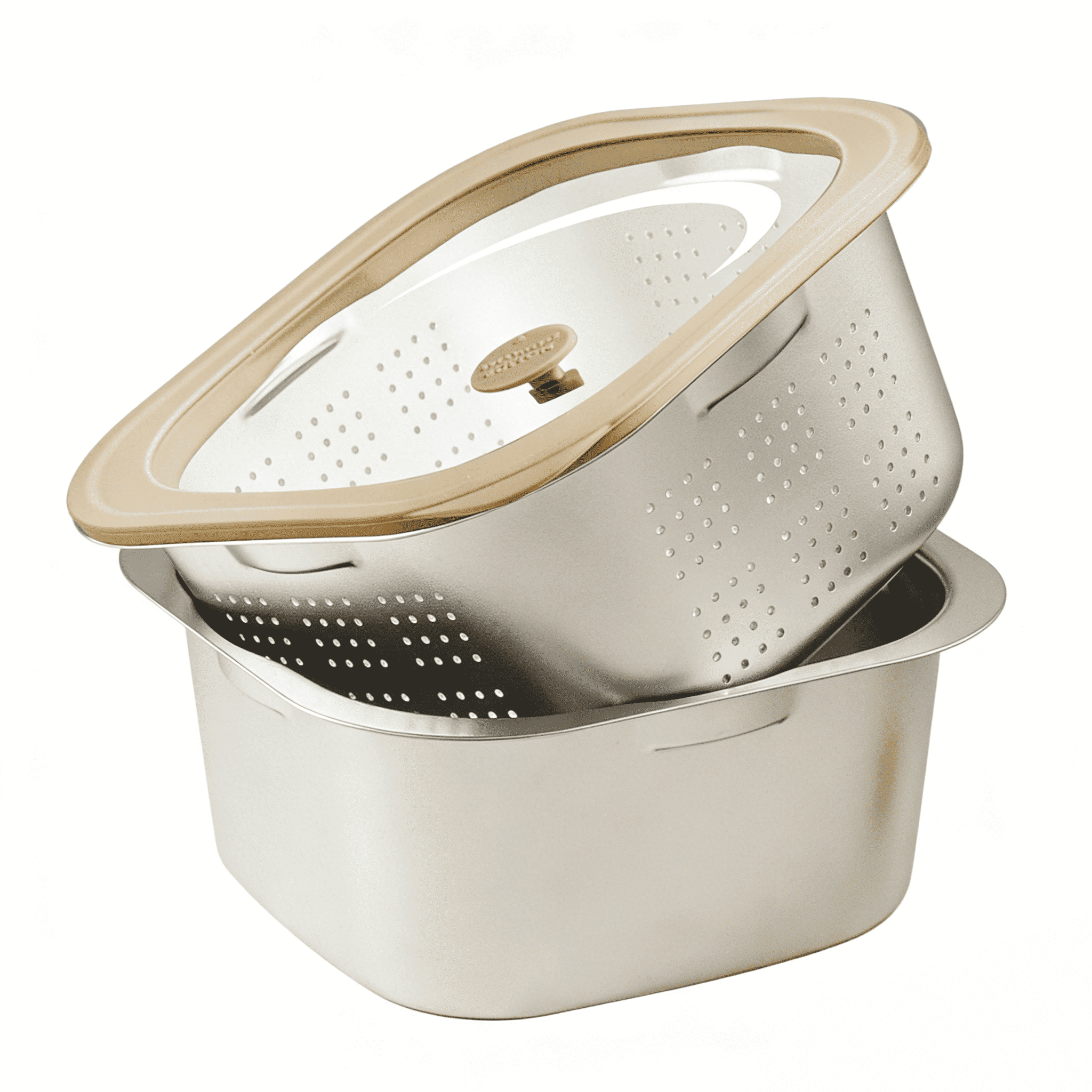 Square Colander Set 3-Piece with Sealed Lid and Drain Bowl, Stainless Steel Strainer Basket for Washing Draining and Storage, Micro-Perforated ( Small)