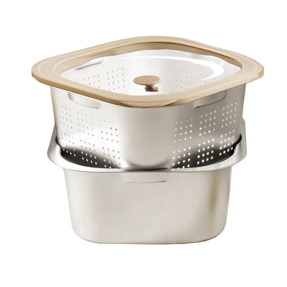Square Colander Set 3-Piece with Sealed Lid and Drain Bowl, Stainless Steel Strainer Basket for Washing Draining and Storage, Micro-Perforated