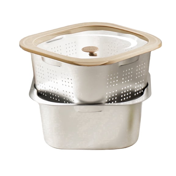 304 Square Colander Set 3-Piece with Sealed Lid and Drain Bowl, Stainless Steel Strainer Basket for Washing Draining and Storage, Micro-Perforated
