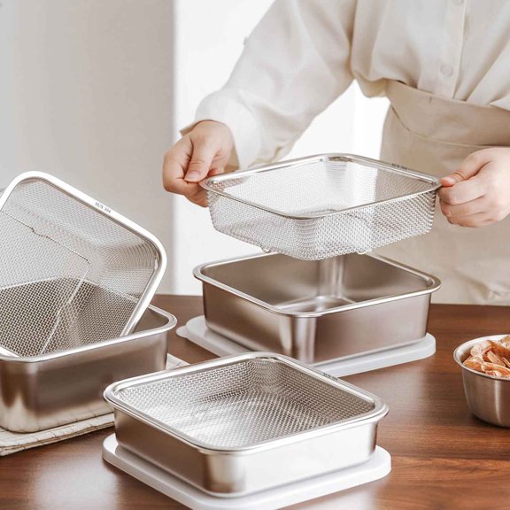Square Colander Set, 304 Stainless Steel with PE Lid, Storage Container, Prep, Tofu Drainer, Shellfish Drainer, Refrigerator Storage, Picnic Party