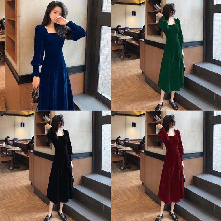 Square Collar Mid-Length Long-Sleeved Velvet Dress Women'S Autumn And  Winter Slimming Design Sense