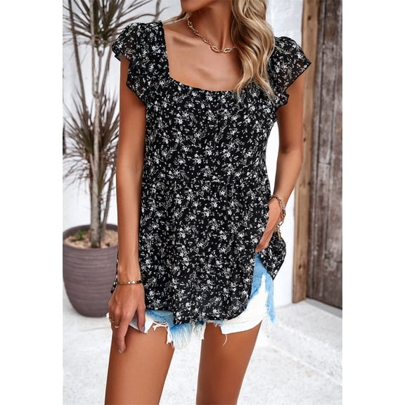 Square Collar Ruffles Sleeveless Women Shirts Fashion Floral Printed Casual Tops Vintage Holiday Beachwear Blouse