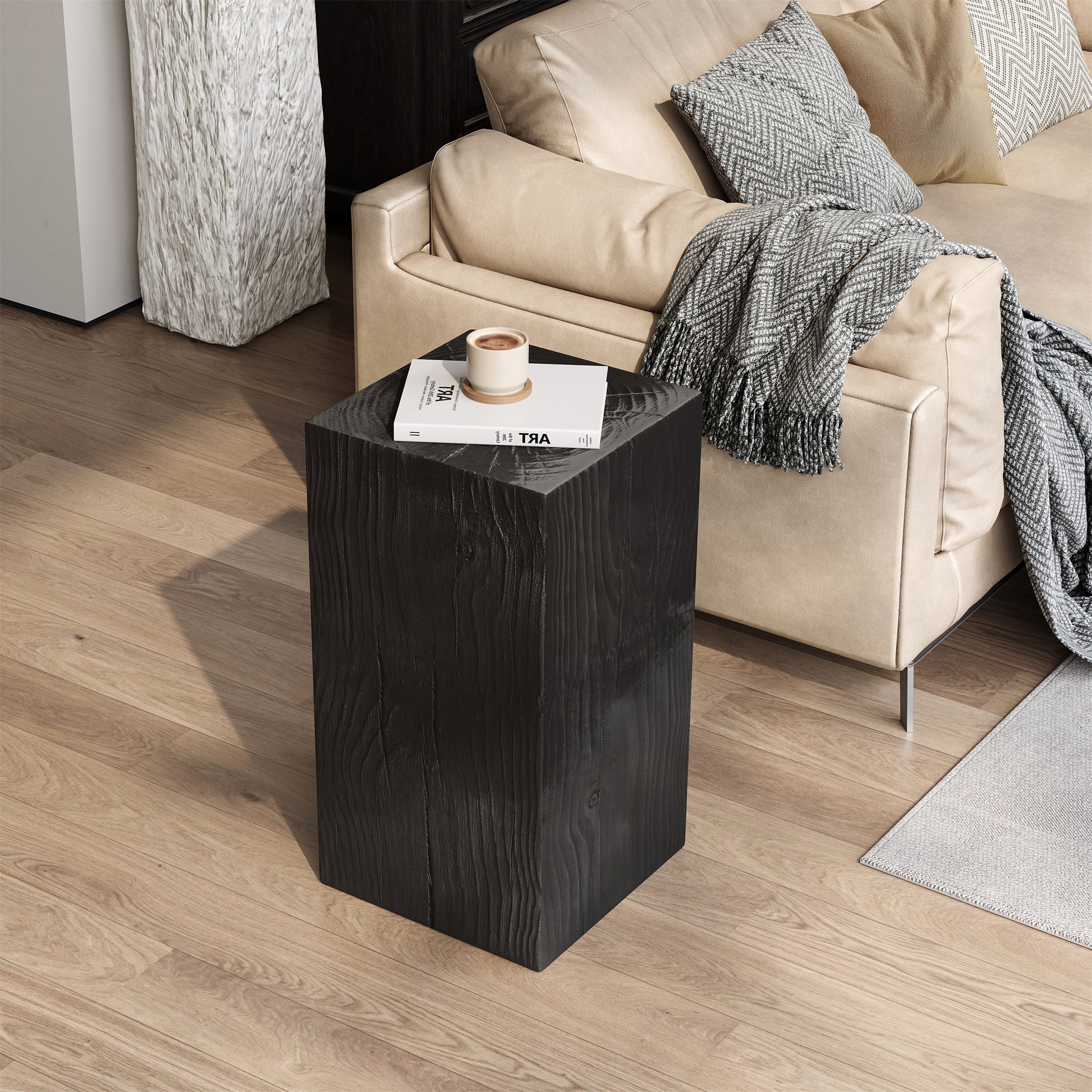 Square-Column End Table, Wood-Look Table for Indoor Outdoor Use, Black