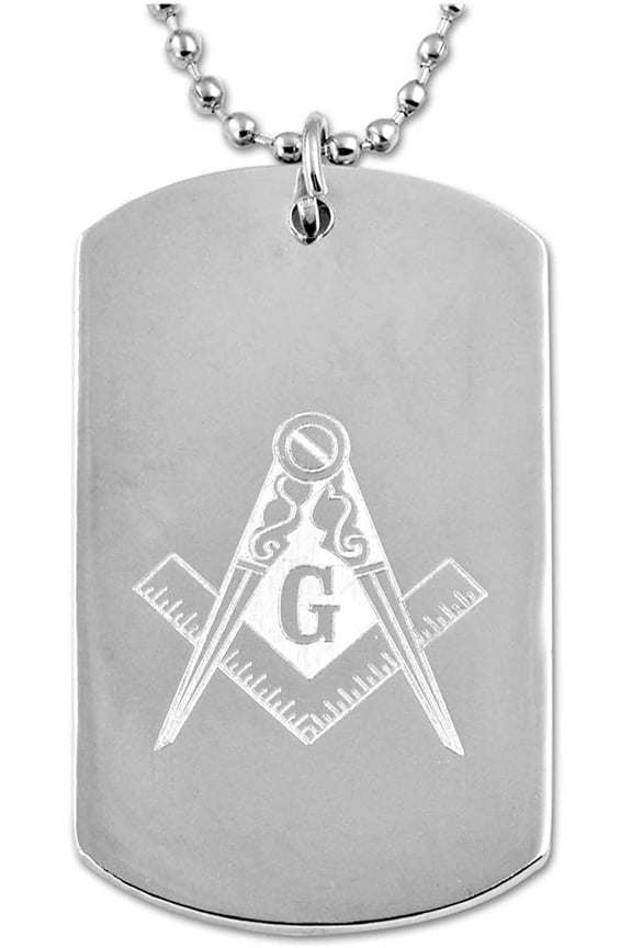 Square & Compass Dog Tag Masonic Necklace - [Shiny Silver Finish][2'' Tall]
