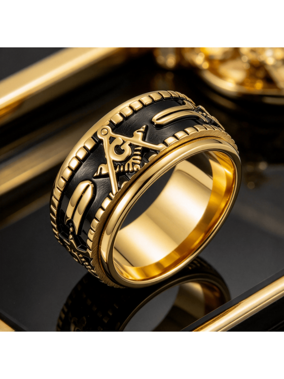 Square Compass Symbol Rotating Band Ring For Men Women 14K Gold Filled Black Enamel Craft Finger Jewelry