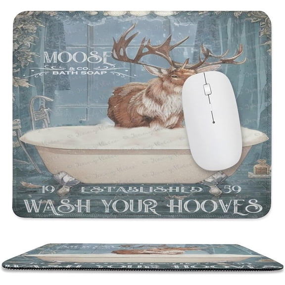 Square Computer Mouse Pads, Washable Mouse Mat, Office Home Gaming Non-Slip Rubber Base Mouse Pad, Moose in The Bathtub, Gift for Christmas Birthday 10x12 Inch