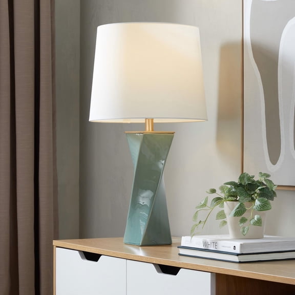 Square Contemporary 27" Ceramic Table Lamp In Sage Green Ceramic, Gold Metal, And White Linen