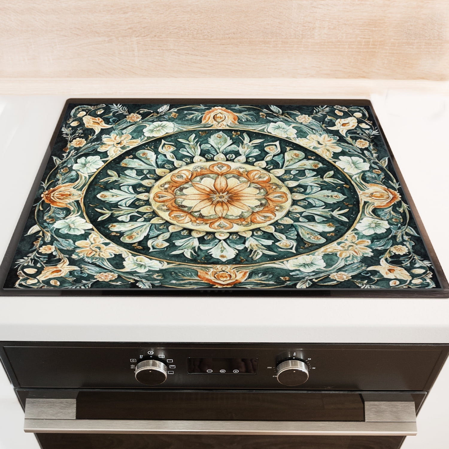 Square Cooktop Covers for Electric Flat Stovetop, Vintage Boho Mandala Non-slip Glass Top Stove Cover Protector, Multipurpose Kitchen Decor Mat for Kitchen RV (28×20 Inch)