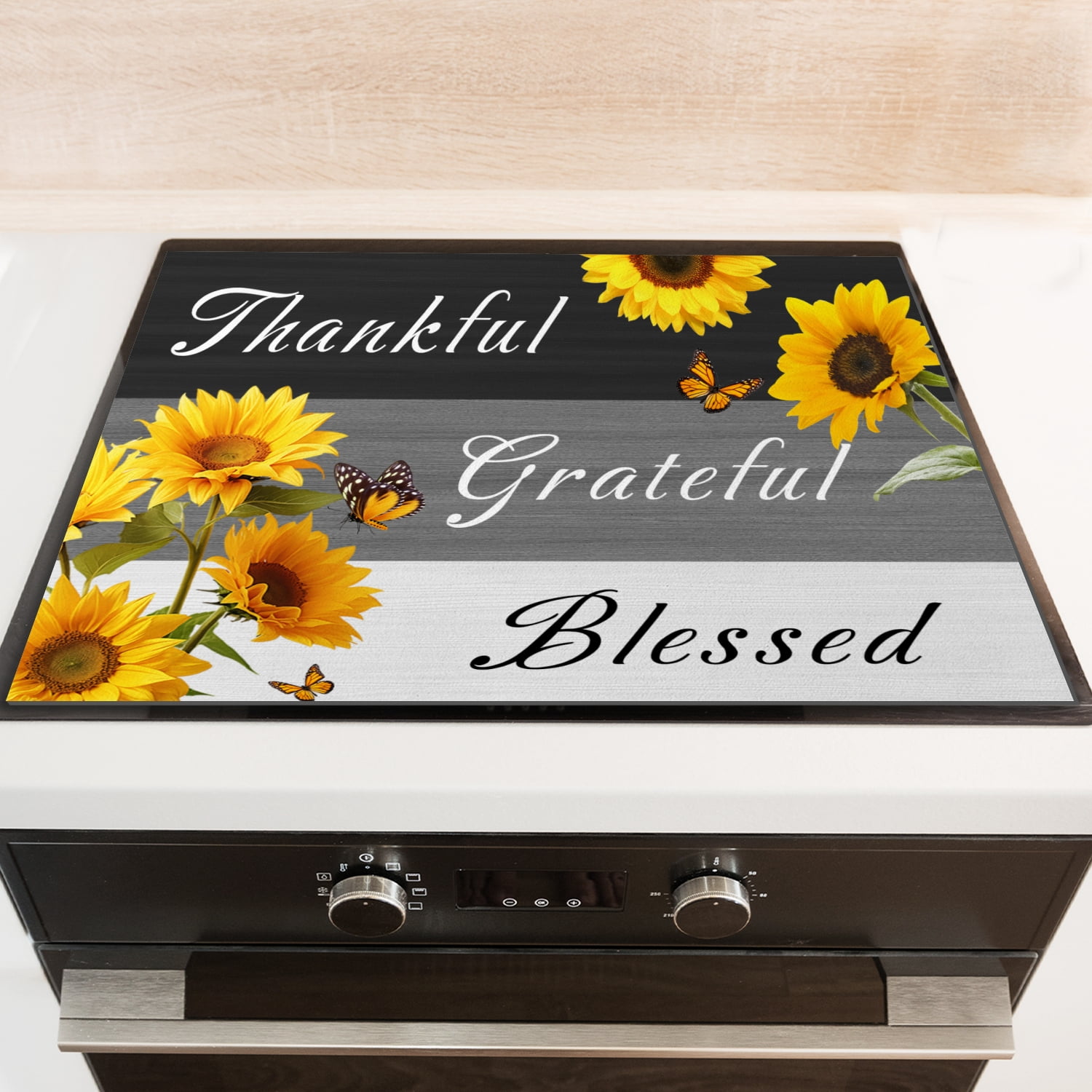 Square Cooktop Covers for Electric Glass Stove, Sunflowers Butterflies Grateful Print Non-slip Glass Top Stove Cover Protector, Foldable Durable Mat for Kitchen RV (28×20 Inch)