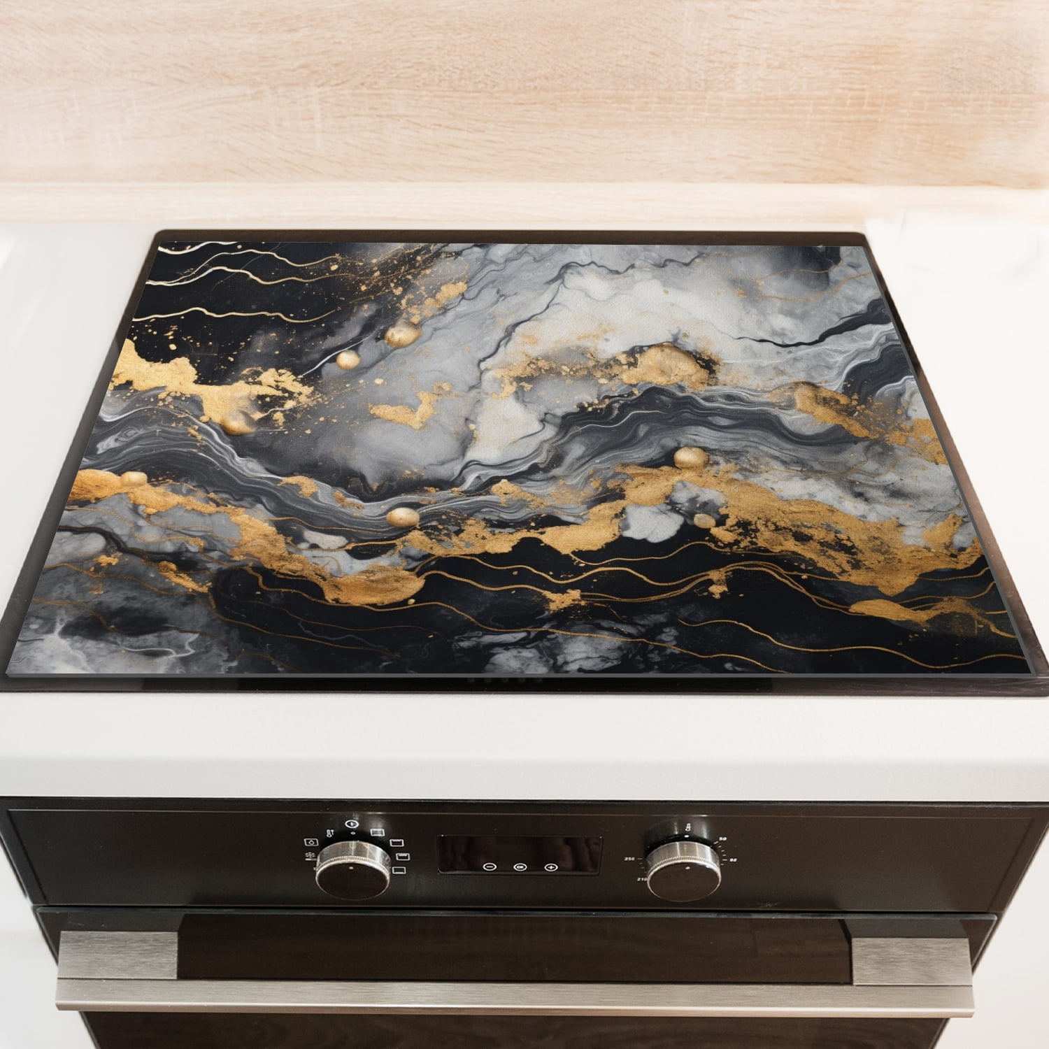 Square Cooktop Covers for Electric Glass Top, Black and Gold Marble Print Foldable Glass Top Stove Cover Protector, Foldable Decoration Mat for Kitchen RV (28×20 Inch)