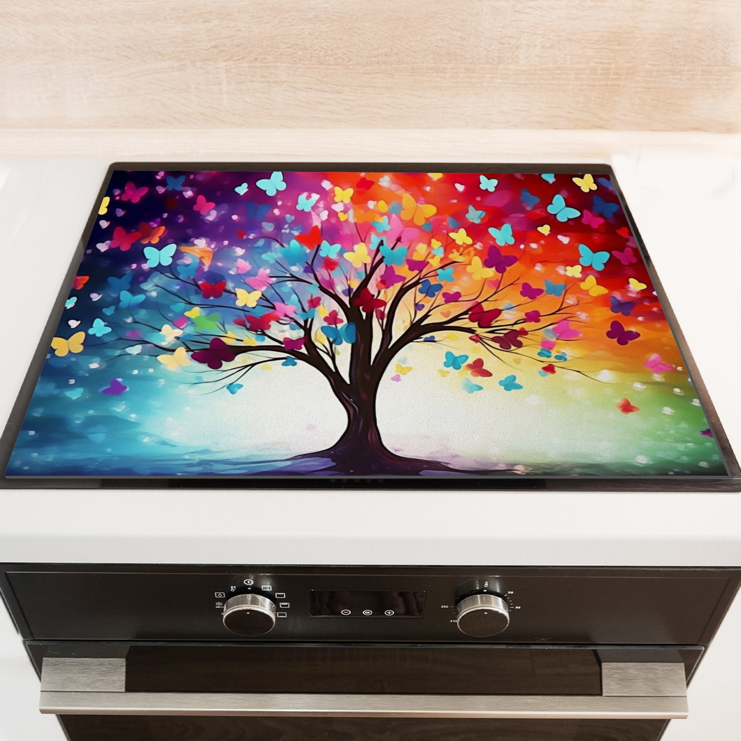 Square Cooktop Covers for Electric Stove Top, Colorful Tree and Butterfly Print Foldable Glass Top Stove Cover Protector, Washable Decoration Mat for Kitchen RV (28×20 Inch)