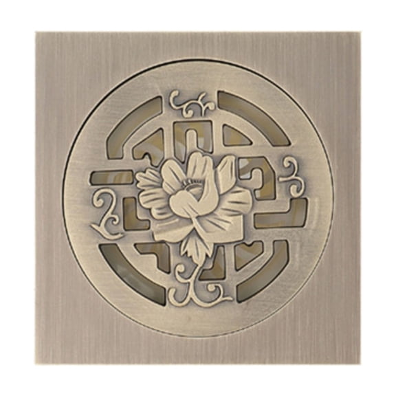 Square Copper Shower Floor Drain 4 inch, Antique Exquisite Flower Relief Design for Kitchens, Bathrooms, Garages, Basements, Toilets and Balconies