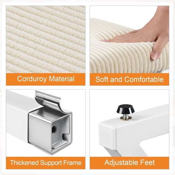Square Corduroy Vanity Stool Chair, Makeup Stool with Metal Z Legs, Small Ottoman Stool Chair for Vanity, Small Ottoman Foot Rest for Bedroom, Living Room, White$$Furniture