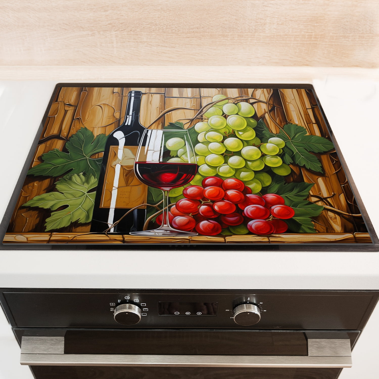 Square Cover for Stove Top Electric Flat Top, Wine Bottle With Glass And Grapes, Glass Stovetop Cover, Decorative Cooktop Mat for Kitchen RV (28×20 Inch)