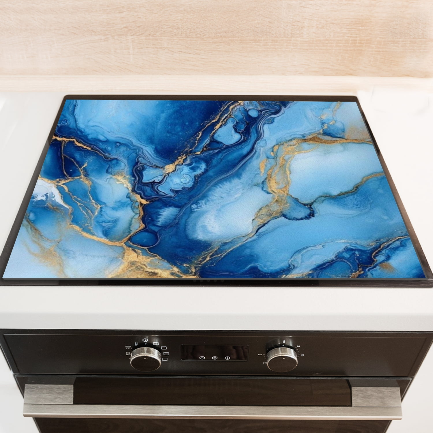 Square Cover for Stove Top Electric Flat Top, Blue Gold Marble Print Glass Stovetop Cover, Decorative Cooktop Mat for Kitchen RV (28×20 Inch)