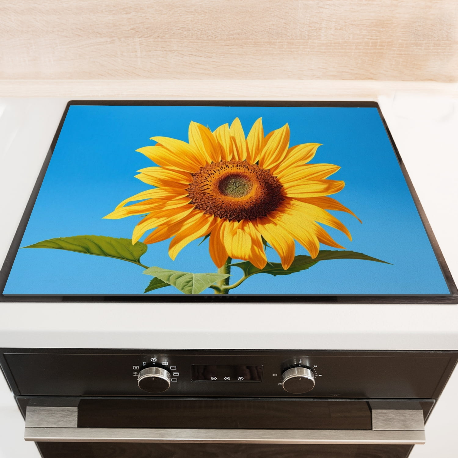 Square Cover for Stove Top Electric Flat Top, Blue Sky and Yellow Sunflower Glass Stovetop Cover, Decorative Cooktop Mat for Kitchen RV (28×20 Inch)