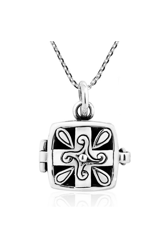Square Cross Quad Spiral Prayer Box Sterling Silver Locket Necklace