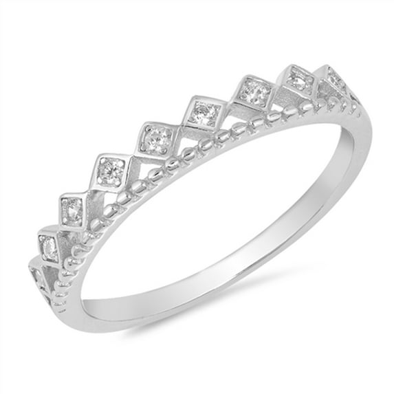 Square Crown White Cubic Zirconia Tiara Ring .925 Sterling Silver Accent Band Jewelry Female Size 9