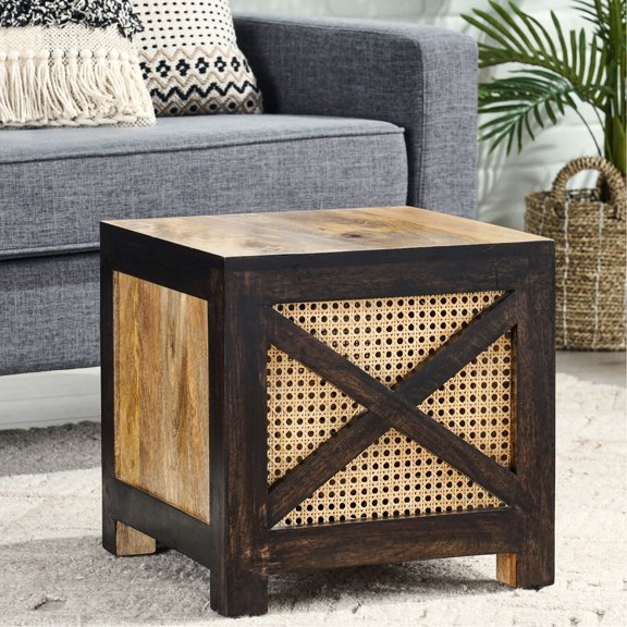 Square Cube Ottoman with Mango Wood Frame and Cane Wicker Accents / Upgrade Home Decor in Boho Style