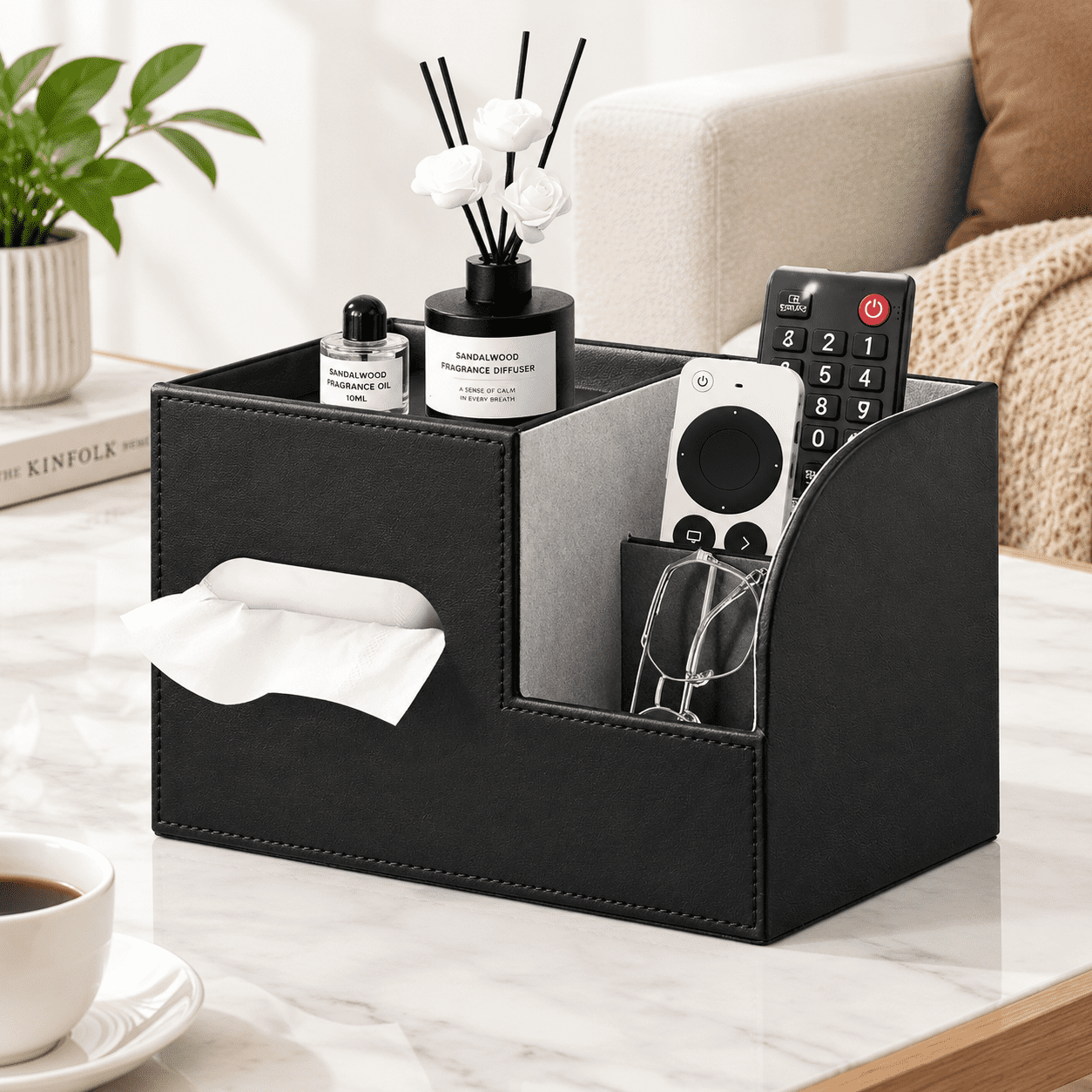 Square Cube Tissue Box Cover Holder with Top Storage Tray, Black ...