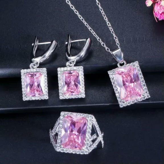 Square Cubic Zirconia Necklace Earrings Ring Silver Plated Green CZ Jewelry Set