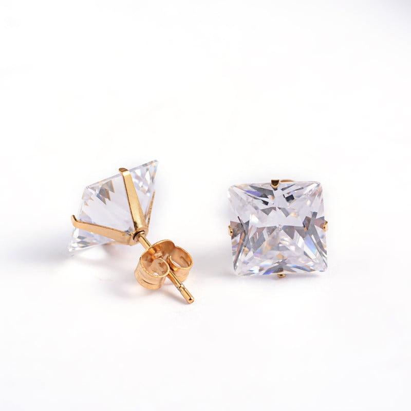 Square Cubic Zirconia Stud Earrings with Golden Plated 304 Stainless Steel Pins Clear 6.5x6mm Pin: 0.9mm