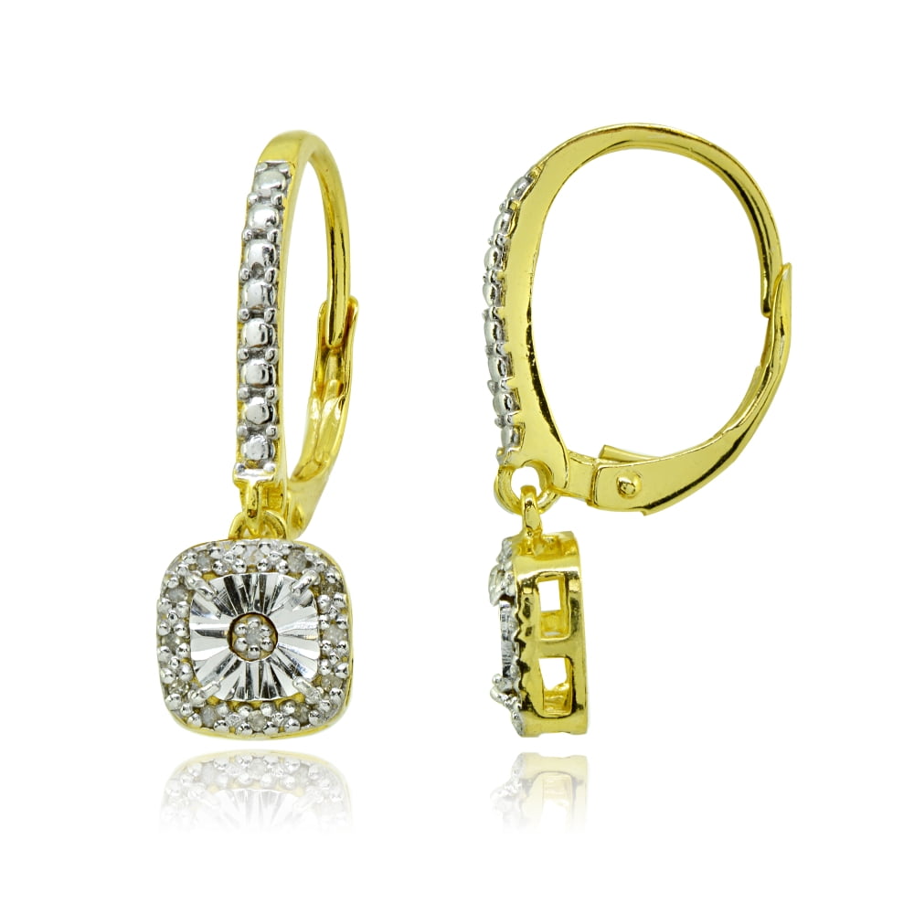 Square Cushion Diamond Gold Flash Sterling Silver Leverback Earrings, JK-I3