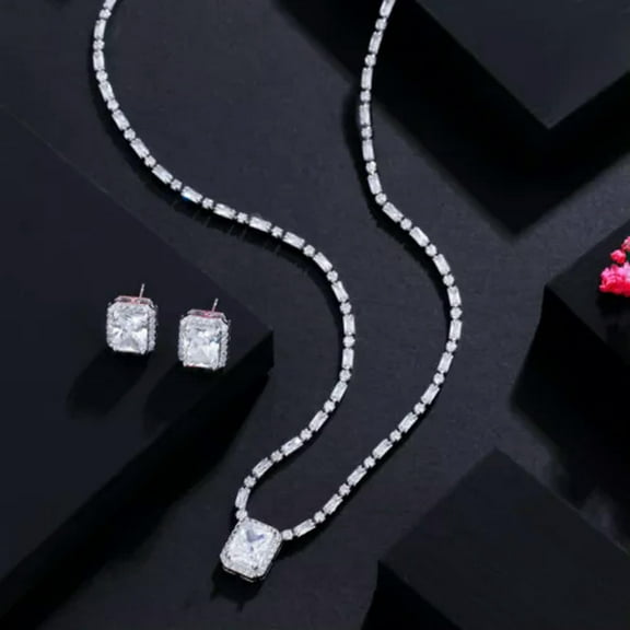 Square Cut Baguette CZ Round Light Blue Necklace Set for Women Banquet Jewelry