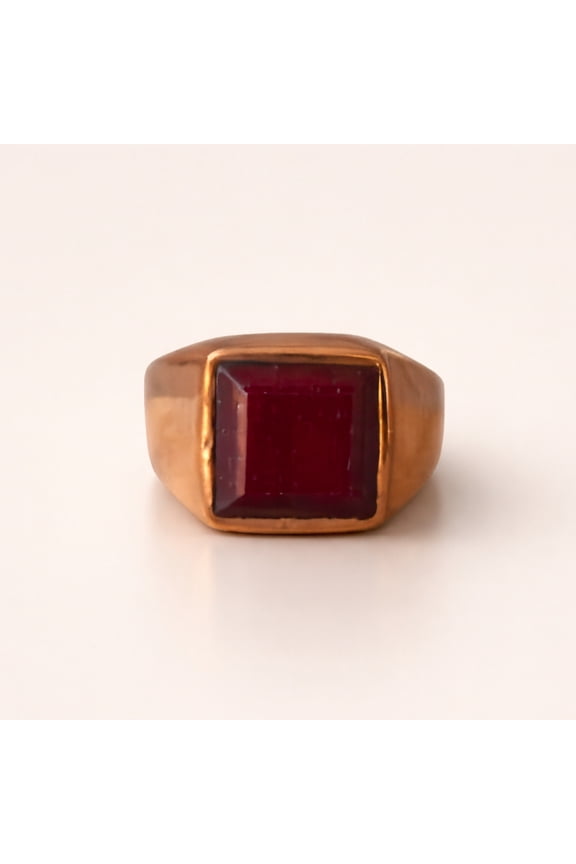 Square Cut Red Ruby Signet Ring, Handmade Solid Pure Copper Ring, Bohemian Ring for Men Women