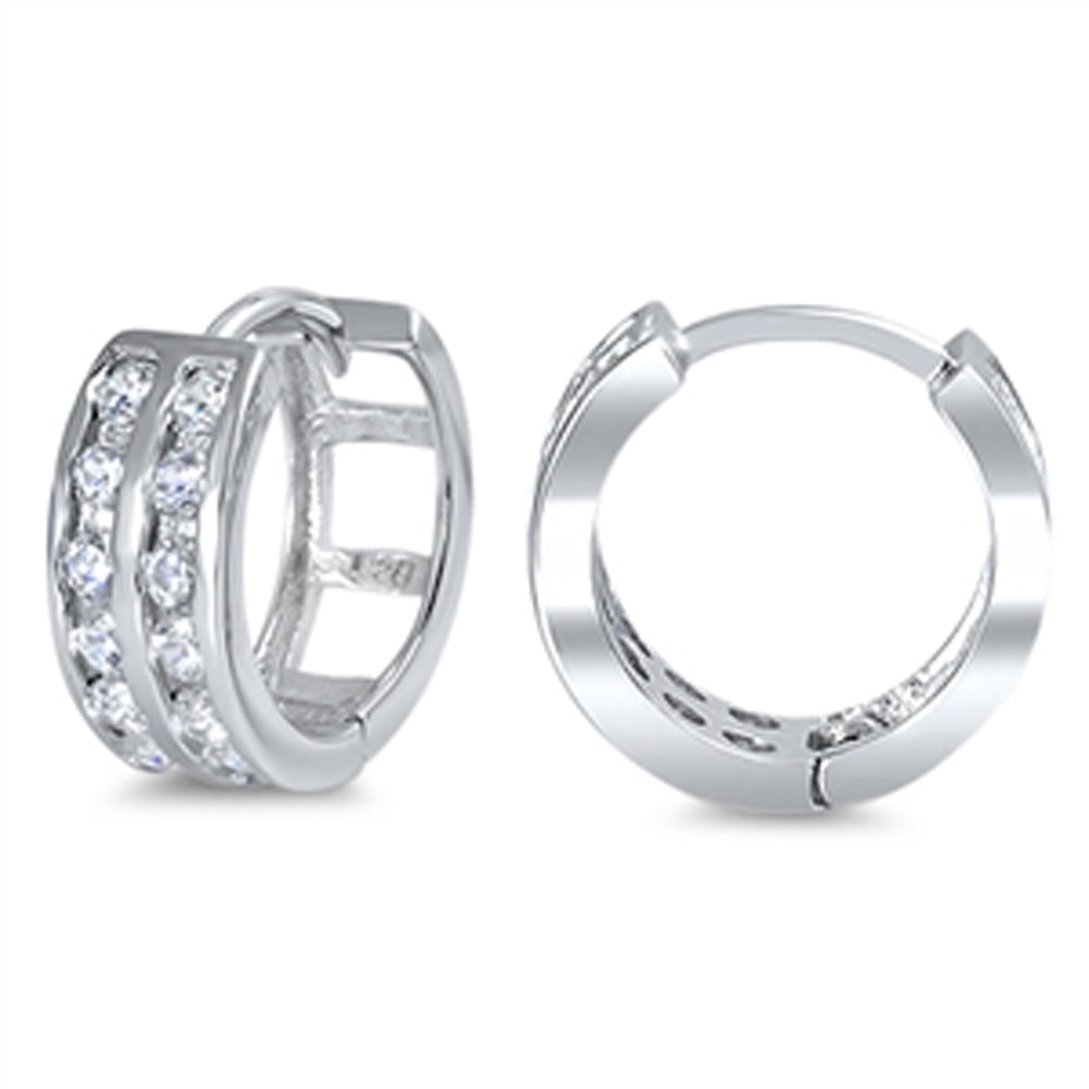 Square Cutout Studded Huggie Open Clear CZ .925 Sterling Silver Huggie Hoop Earrings Female