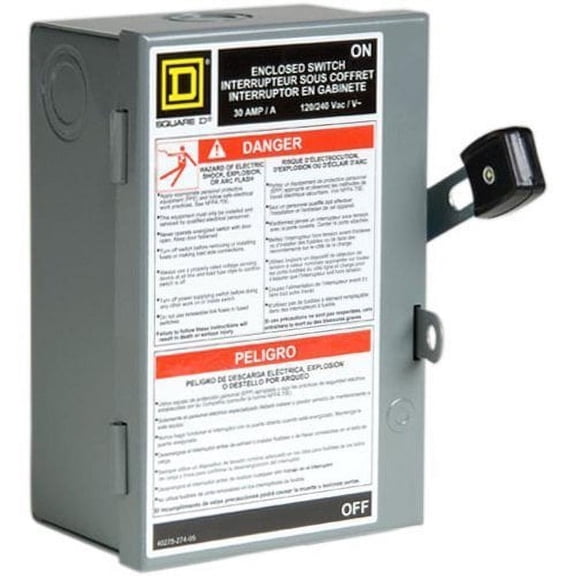 Square D 30 Amp 240 V Two-Pole Indoor Light Duty Fusible Safety Switch With Neutral - Gray Indoor & Outdoor Use, NEC-Compliant