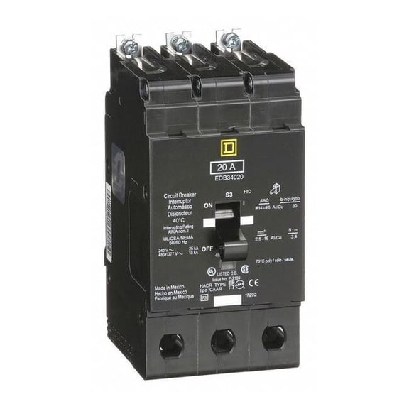 Square D EDB34020 Bolt-On Circuit Breaker, 20 Amp, 3 Poles, 18k Amp, 277V