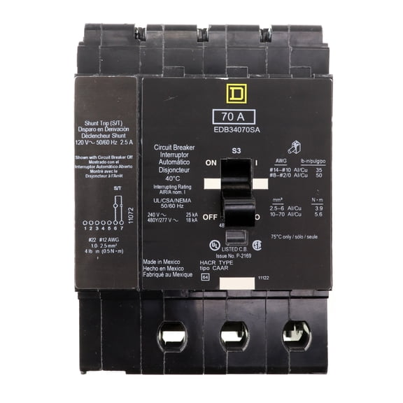 Square D EDB34070SA Shunt Trip Circuit Breaker, EDB-Frame, 3-Pole, 480Y/277VAC, 70-Amp