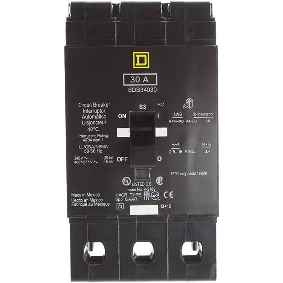 Square D EJB34030 Circuit Breaker, 480/277-Volt, 3-Pole, 30-Amp, 65kAIC, EJB