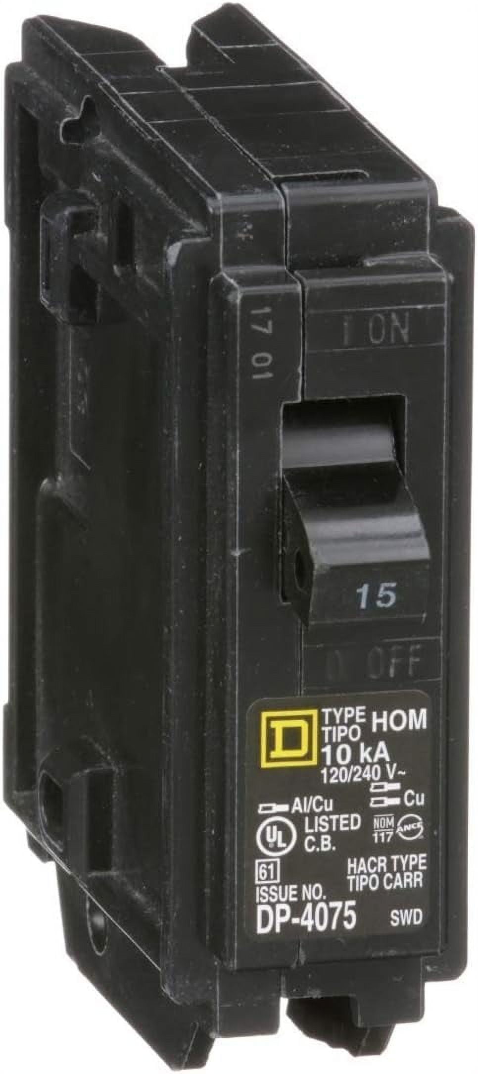 Square D HOM115 Plug-In Mount Standard Miniature Circuit Breaker 1-Pole 15 Amp 120 Volt AC Homeline