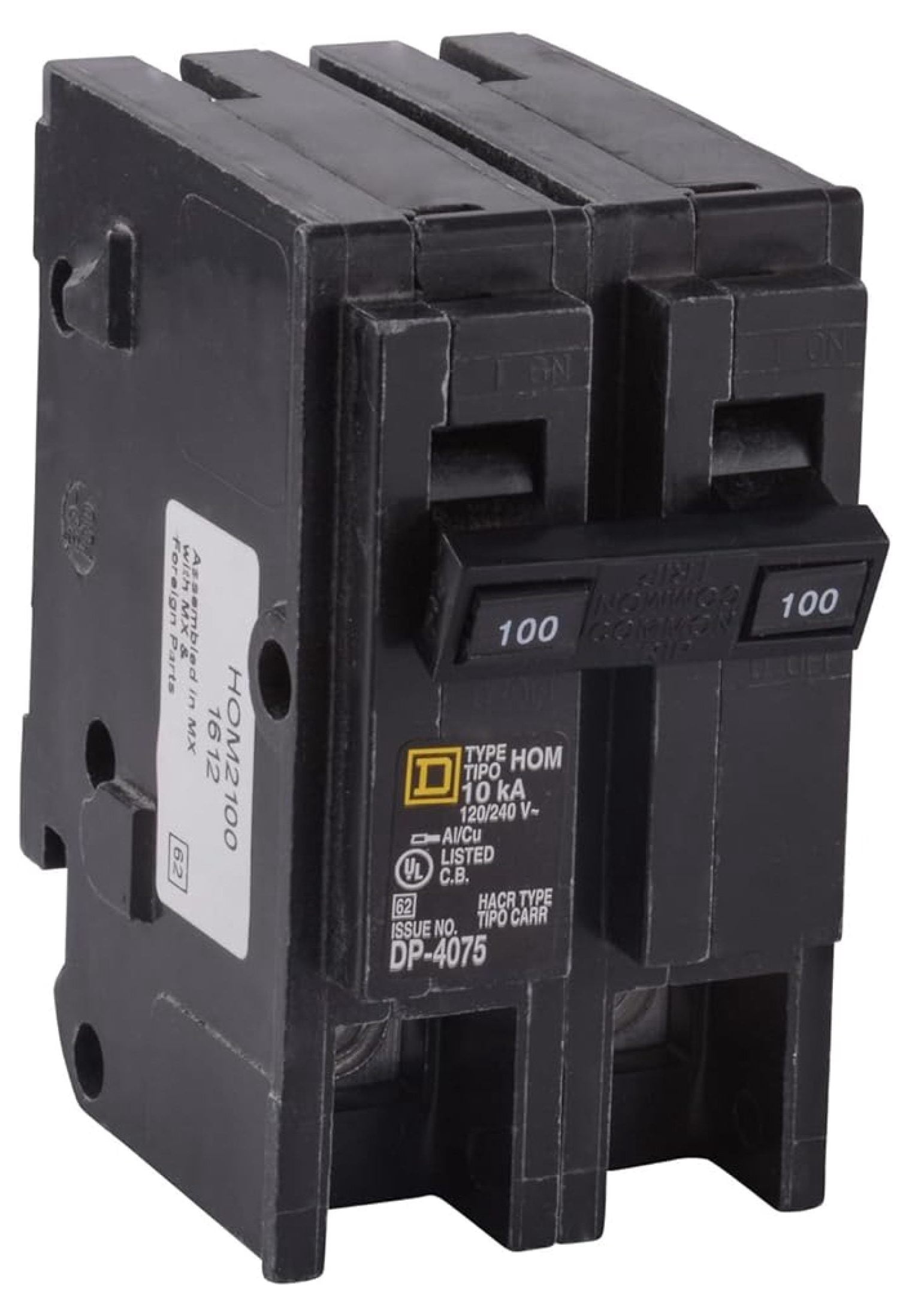Square D by Homeline 100 Amp Mini Circuit Breaker, 2 Pole, 120/240V , 10kA Breaking Capacity, Plug in Mount, Standard Type, Residential Use (HOM2100CP)