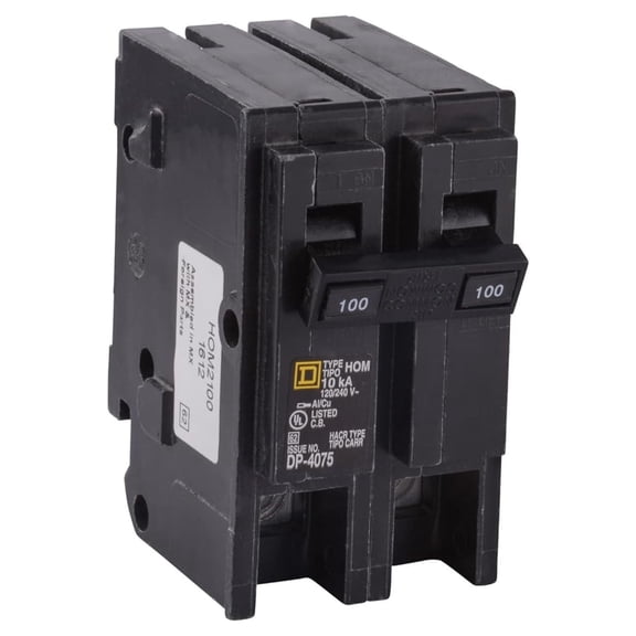 Square D by Homeline 100 Amp Mini Circuit Breaker, 2 Pole, 120/240V , 10kA Breaking Capacity, Plug in Mount, Standard Type, Residential Use (HOM2100CP)
