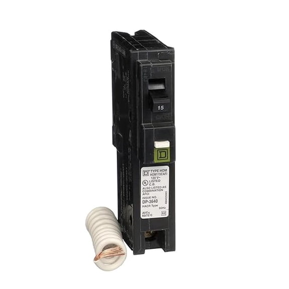 Square D by Homeline 15 Amp Mini Circuit Breaker, 1 Pole, 120V , 10kA Breaking Capacity, Plug in Mount, CAFI/CAFCI, Pigtail Neutral Residential Use (HOM115CAFIC)