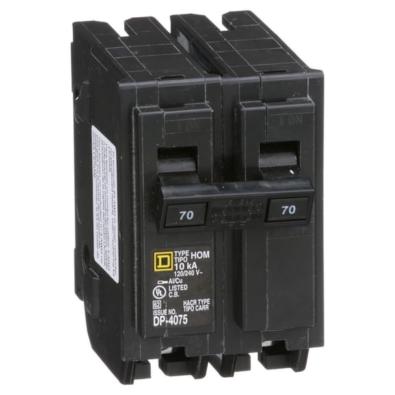 Square D by Homeline 70 Amp Mini Circuit Breaker, 2 Pole, 120/240V , 10kA Breaking Capacity, Plug in Mount, Standard Type, Residential Use (HOM270CP)