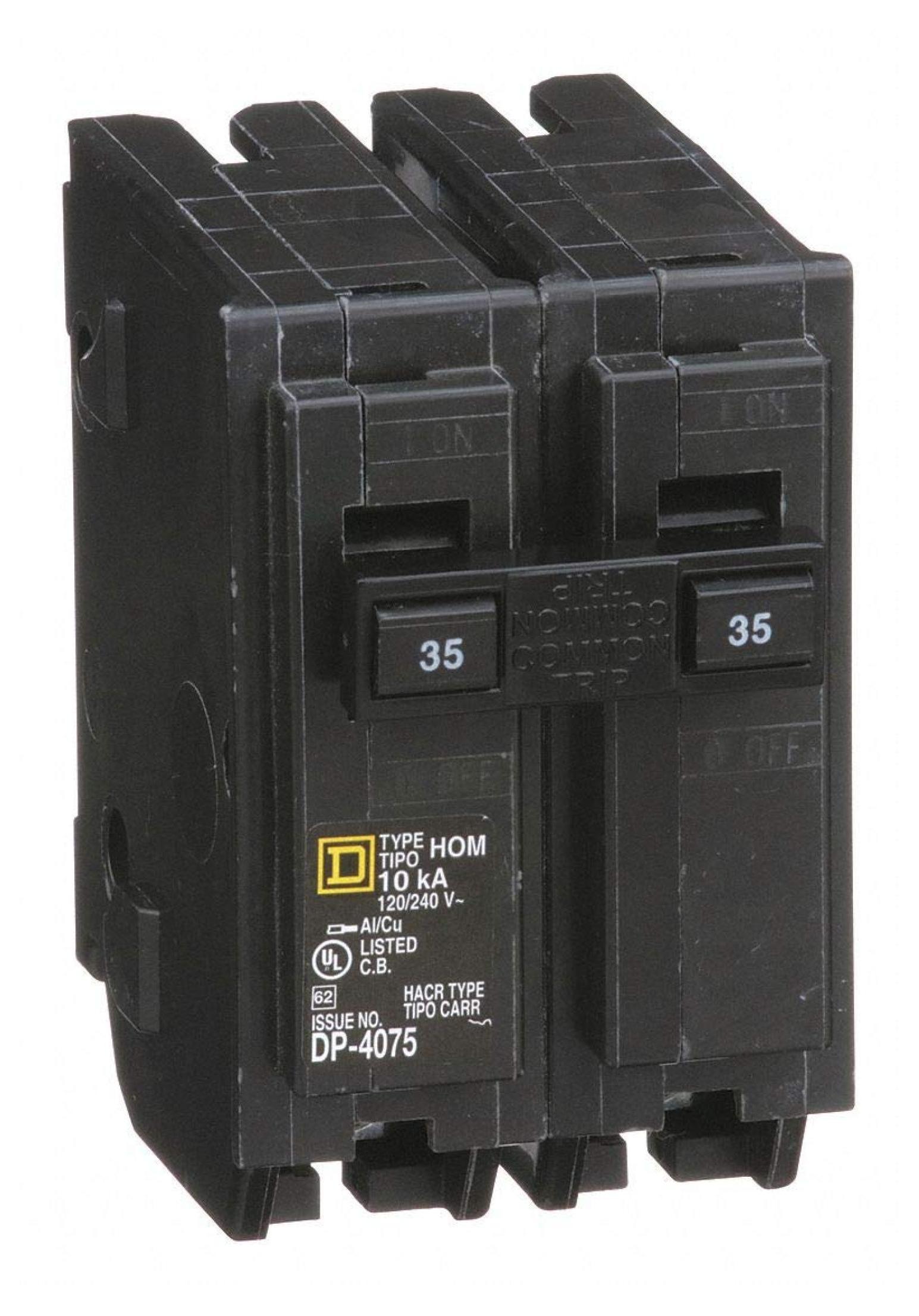 Square D Plug in Circuit Breaker, HOM, Number of Poles 2, 35 Amps, 120/240VAC, Standard
