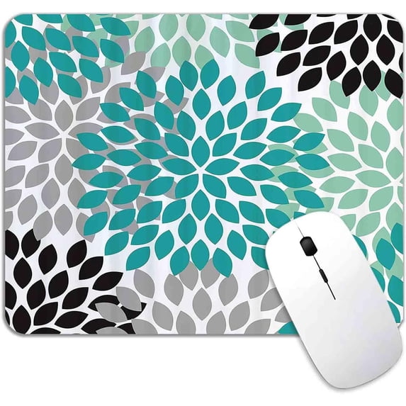 Square Dahlia Floral Mouse Pad, Teal Black Grey Flower Mouse Pad, Waterproof Anti-Slip Rubber Base Office Decor Mousepad for Women, Laptop, Computers, 9.5 x7.9 inch, Colorful Minimalist Art