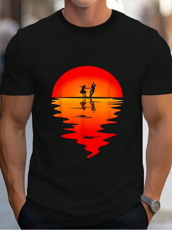 Square Dancing Sunset Square Dancer Vintage Square Dance Men's Cotton Crew Neck Graphic Tee Casual Short Sleeve Solid T-Shirt