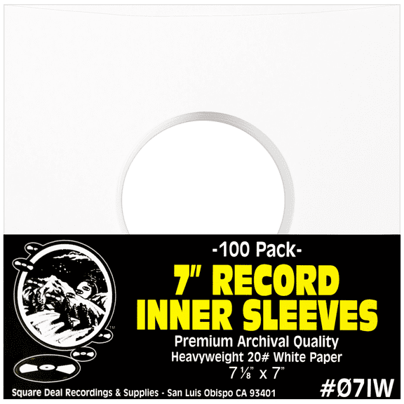 (100) Archival Quality Acid-Free Heavyweight Paper Inner Sleeves for 7" Vinyl Records #07IW