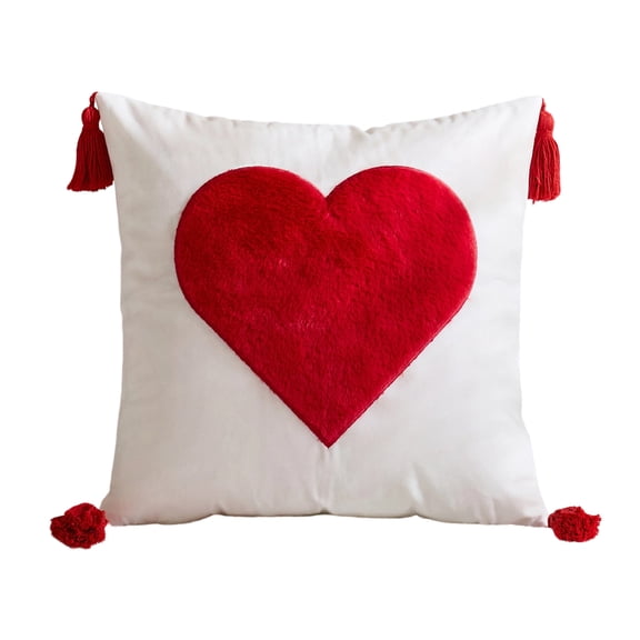 Square Decorative Throw Pillow with Large Heart Pattern and Tassel Accents Soft Plush Fabric Cushion Cover for Sofa Bed Chair Home Decor