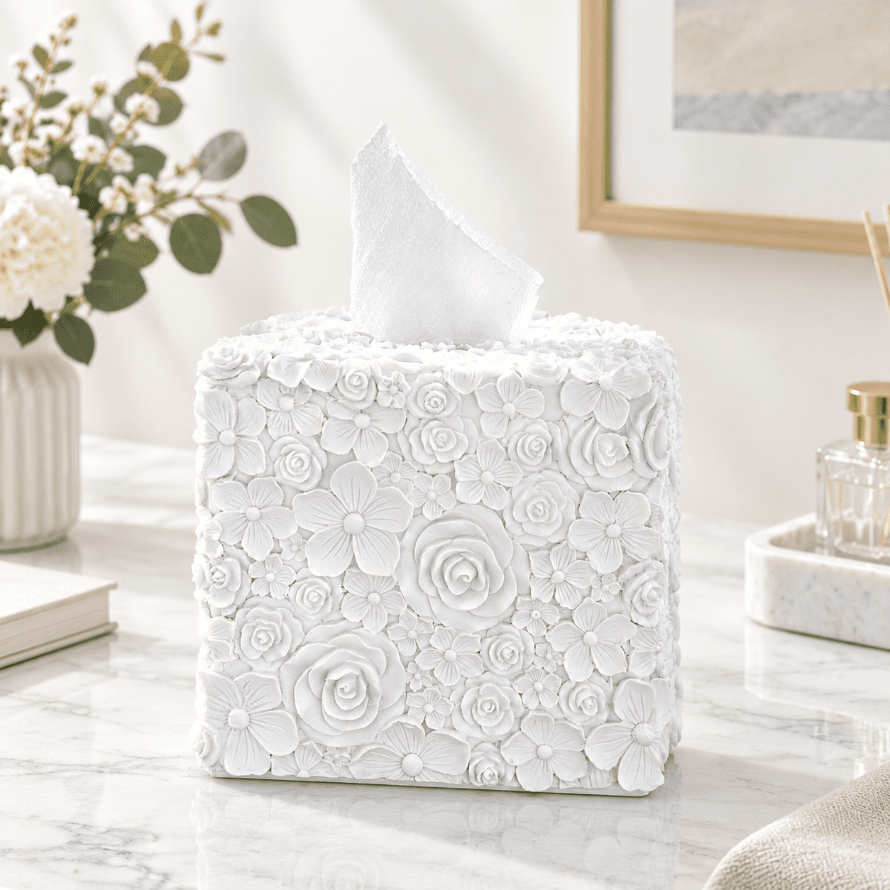 Tissue 4box Square Decorative Tissue Box Cover, Rose White, Fits Standard Cube ...