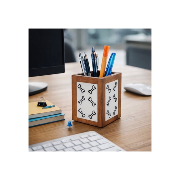 Square Desk Organizer for Home Office Storage - Modern Boho Desktop Organizer for Tabletop, Mantel, and Shelf Styling - Wood And Resin Bone-Pattern Panels for Workspace Decor - 4", Ivory & Brown