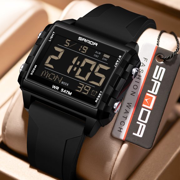 Square Digital Sports Watch - Transparent Case, Multi-Function Outdoor Chronograph with Interval Timer, Multiple Alarms, Waterproof for Students, Men