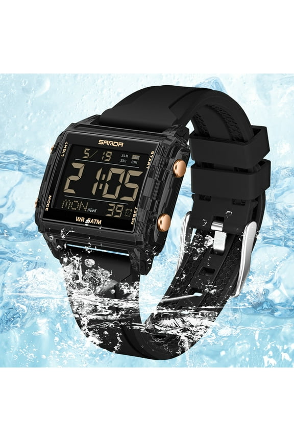 Square Digital Sports Watch - Transparent Case, Multi-Function Outdoor Chronograph with Interval Timer, Multiple Alarms, Waterproof for Students, Men